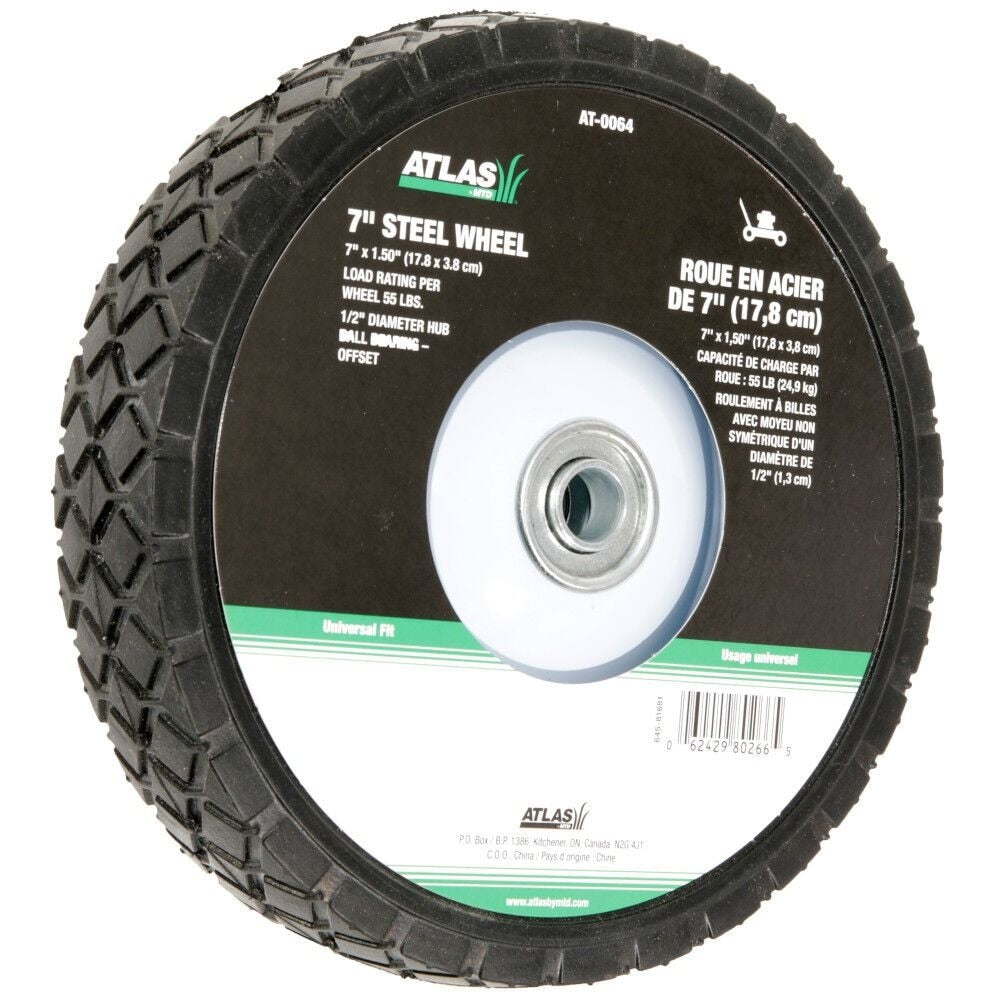 Atlas Steel Mower Wheel with Ball Bearings, 7-in