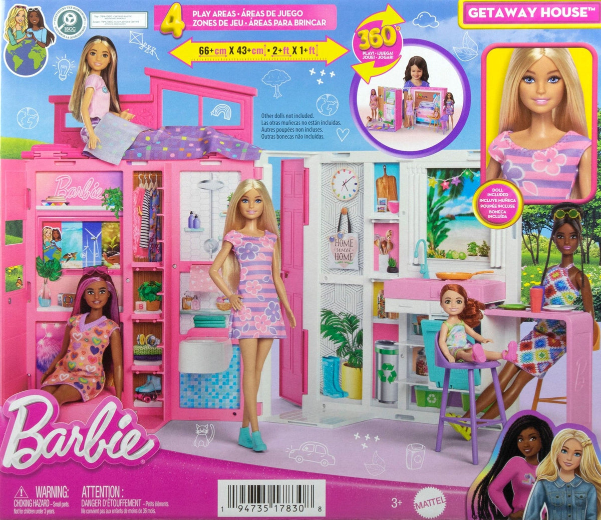 Barbie 2024 Getaway House Playset with Doll, Includes 4 Play Areas, Kids Ages 3+