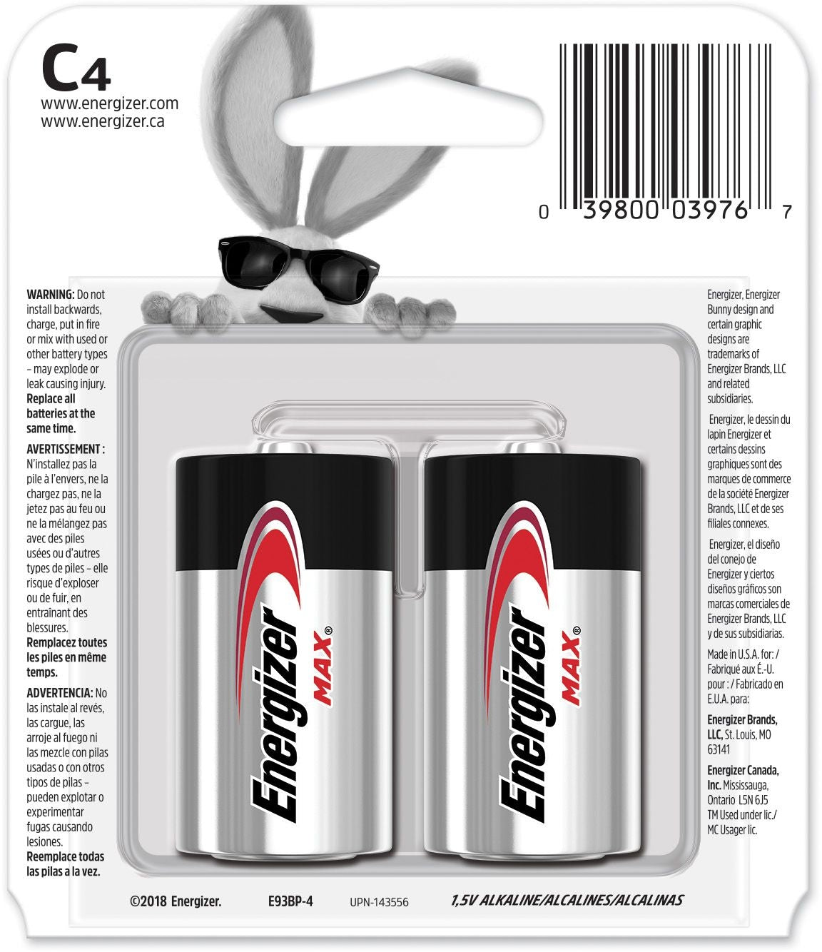 Energizer Max4-pk C Alkaline Batteries, Long Lasting, All Purpose