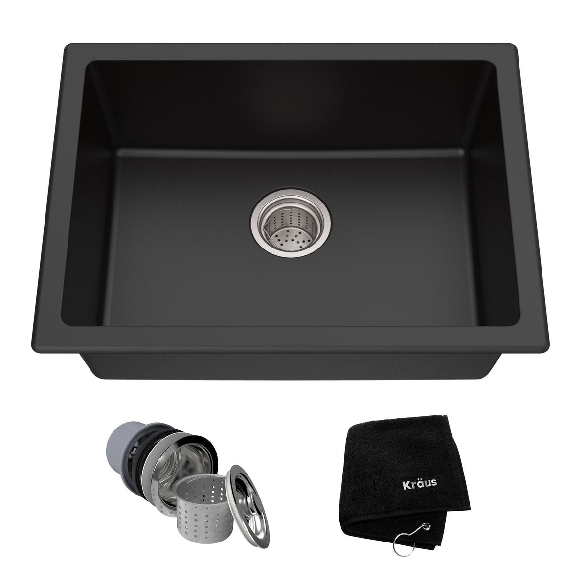 Kraus Quarza Top/Undermount Granite Single Bowl Kitchen Sink, Black Onyx, 24x18x9-in