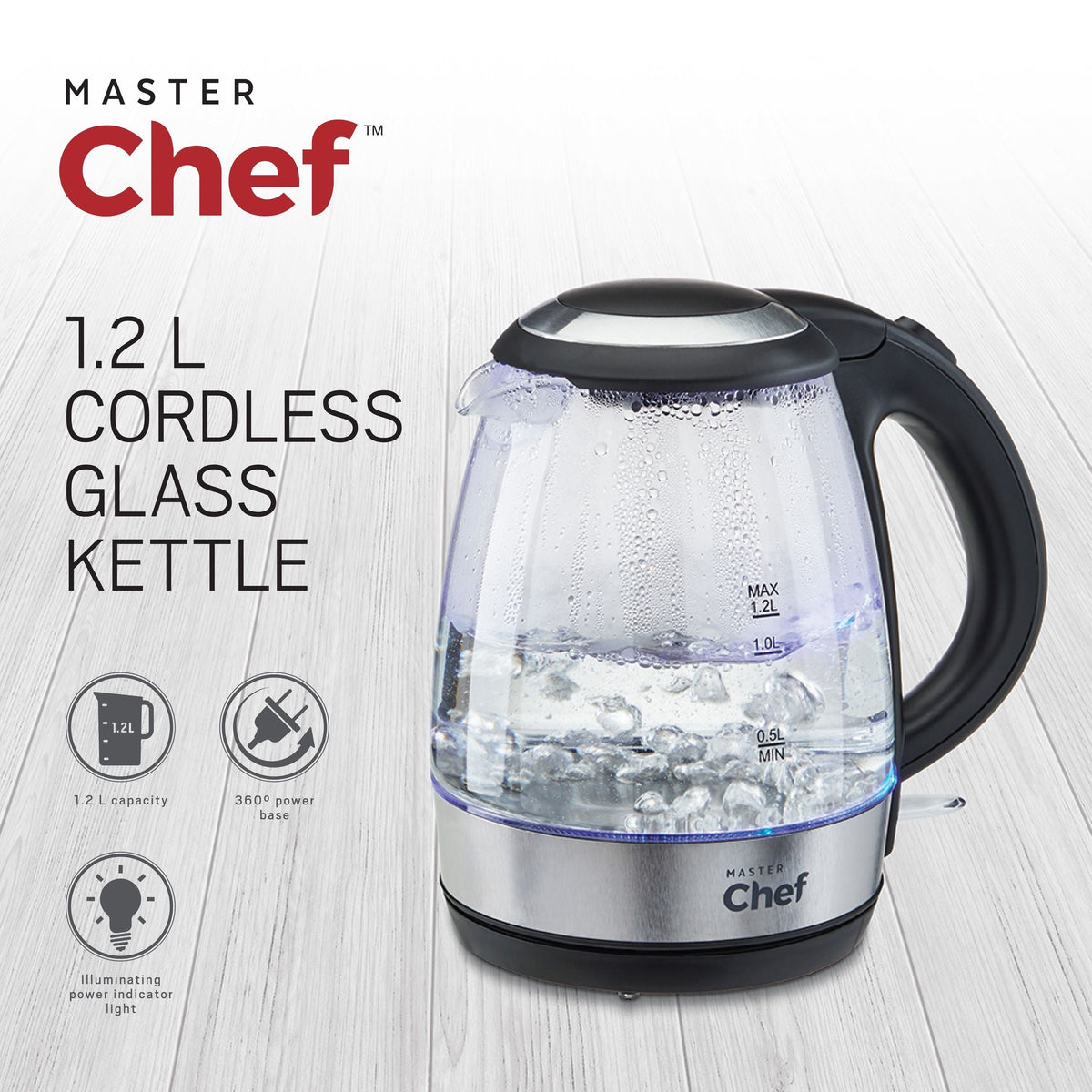 MASTER Chef Cordless Electric Kettle with Auto Shut Off & Blue Light, Glass, 1.2L