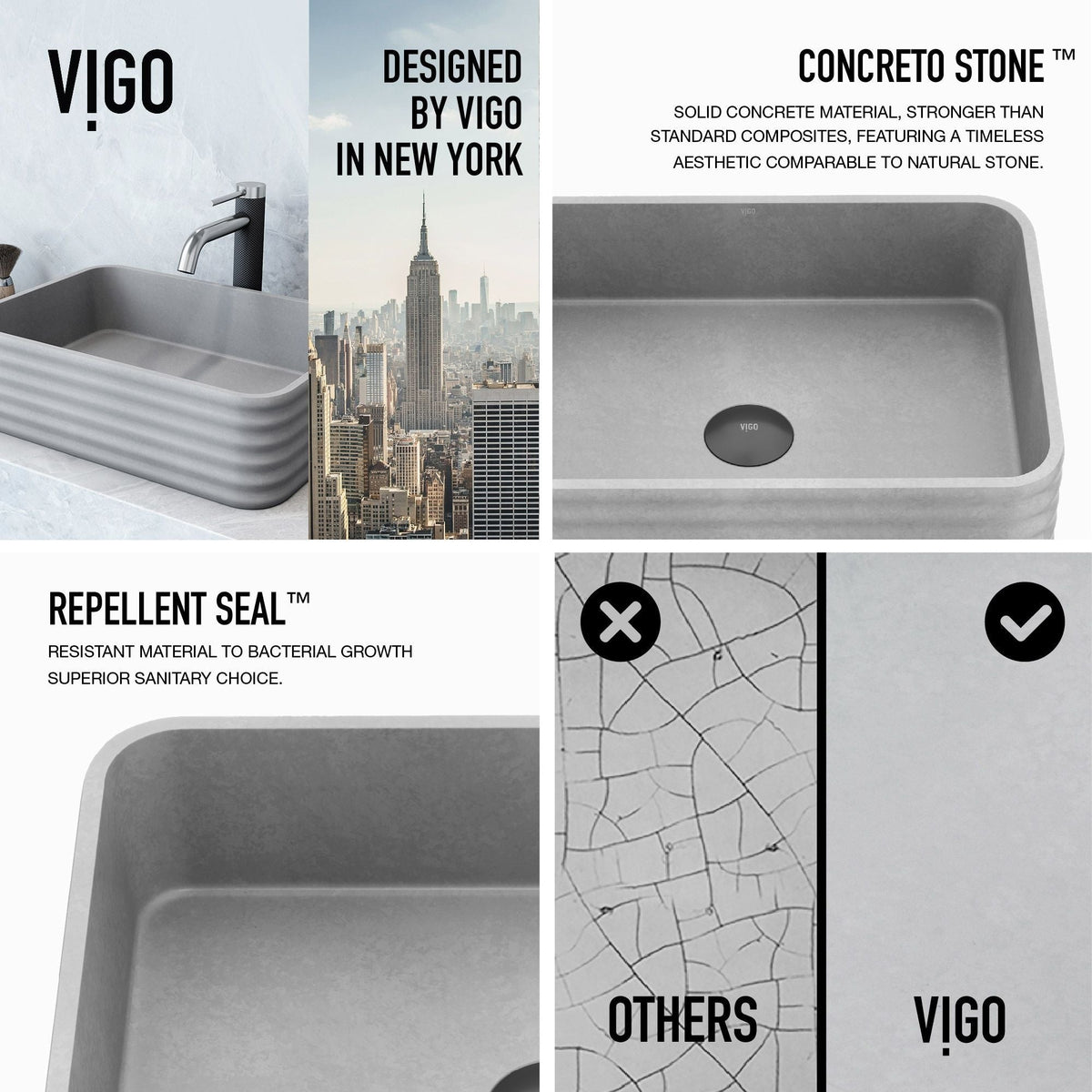 VIGO Cadman ConcretoStone 18-in Deep Grey Bathroom Sink/Basin with Rectangular Fluted Vessel