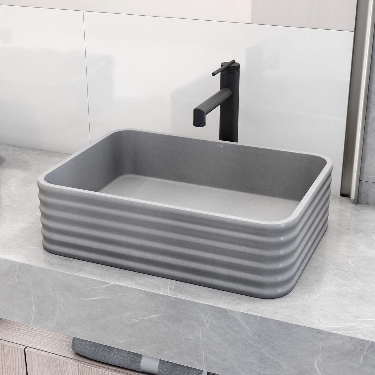 VIGO Cadman ConcretoStone 18-in Deep Grey Bathroom Sink/Basin with Rectangular Fluted Vessel