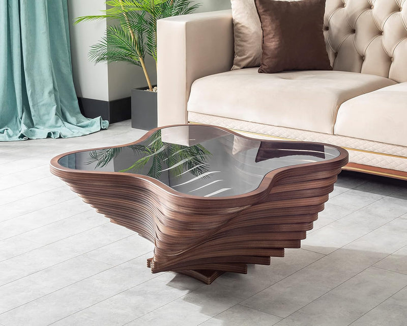 Design a modern coffee table - natural walnut veneer, tempered glass tabletop, layered wave shape, rustic wood, modern living room table, luxurious home and office decoration, central table in the living room. S5