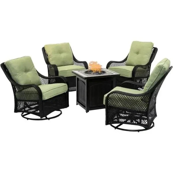 5-Piece Steel Patio Fire Pit Conversation Set with Navy Blue Cushions, Swivel Gliders and Square Fire Pit Table E7