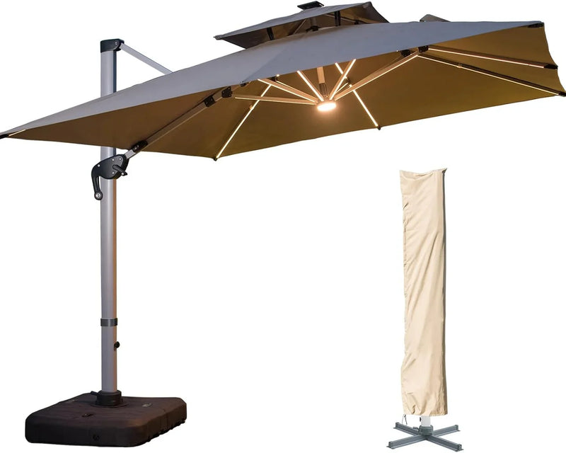 A 10-foot by 10-foot square cantilevered sunshade, equipped with a cross base and canopy, is included - a large heavy-duty outdoor sunshade, 360° rotating offset type, suitable for use in courtyards, backyard of swimming pools, terraces or gardens, i C1