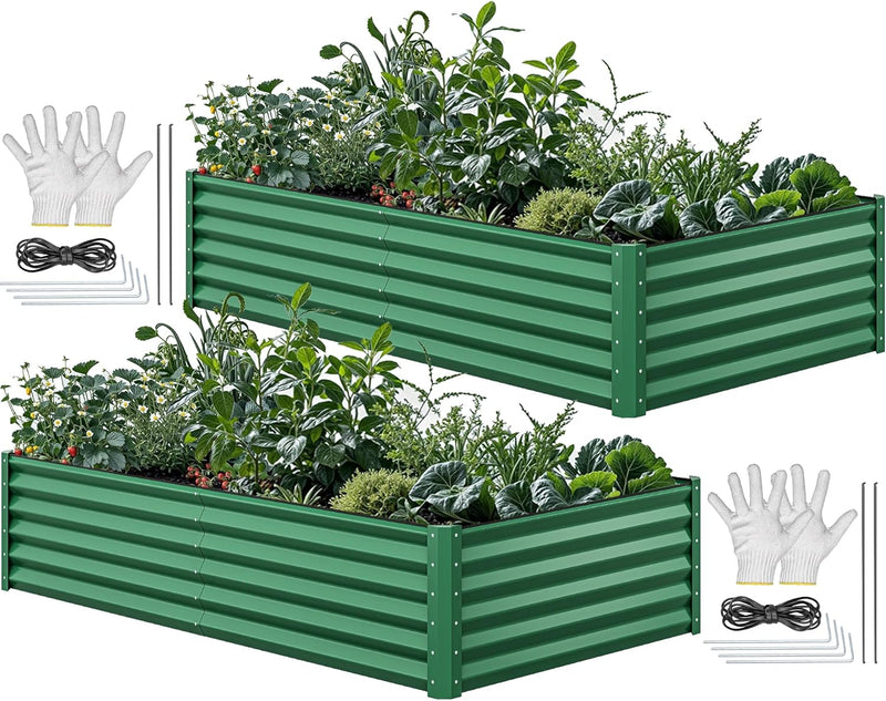 8x4x2ft 2pcs Large Raised Garden Bed Kit, Galvanized Metal Planter Box with Gloves, Ground Nails & Safety Rubber, Outdoor Above Ground Planters for Plants Vegetables Flowers, Green D1