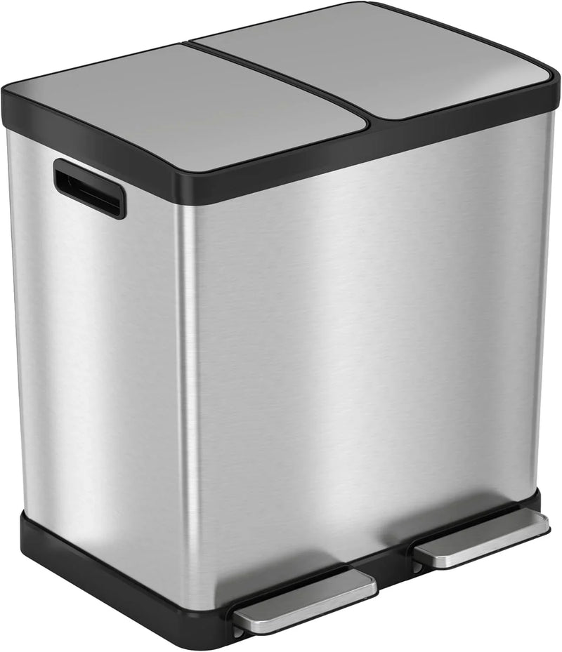 16-gallon contact-free trash and recycling bins, made of stainless steel, with a double compartment design (each compartment holds 8 gallons), suitable for recycling and waste disposal in the kitchen. P3