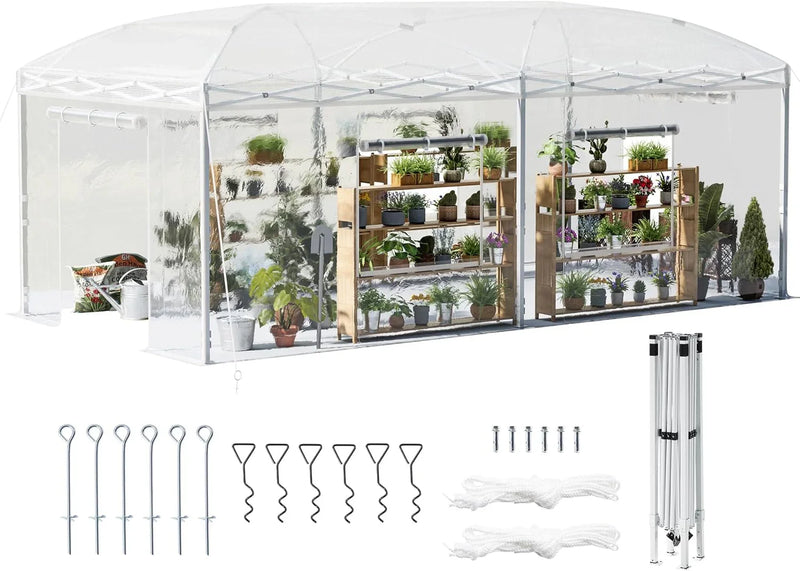 19.2×9.7×8.5 feet Outdoor upgraded retractable greenhouse with adjustable reinforced frame, portable walk-through greenhouse, equipped with 2 rollable zipped doors and mesh windows, PE shell, white X5