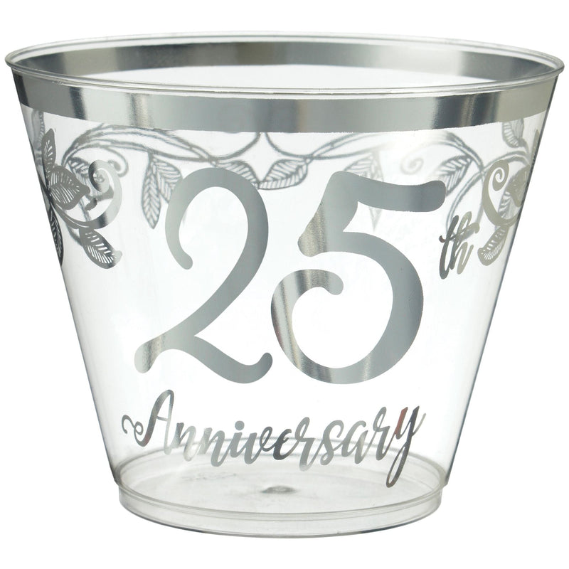 "25th Anniversary" Bordered Trimmed Plastic Reusable Tumbler Cups, Clear/Silver, 9-oz, 30-pk, for Anniversary Party F5