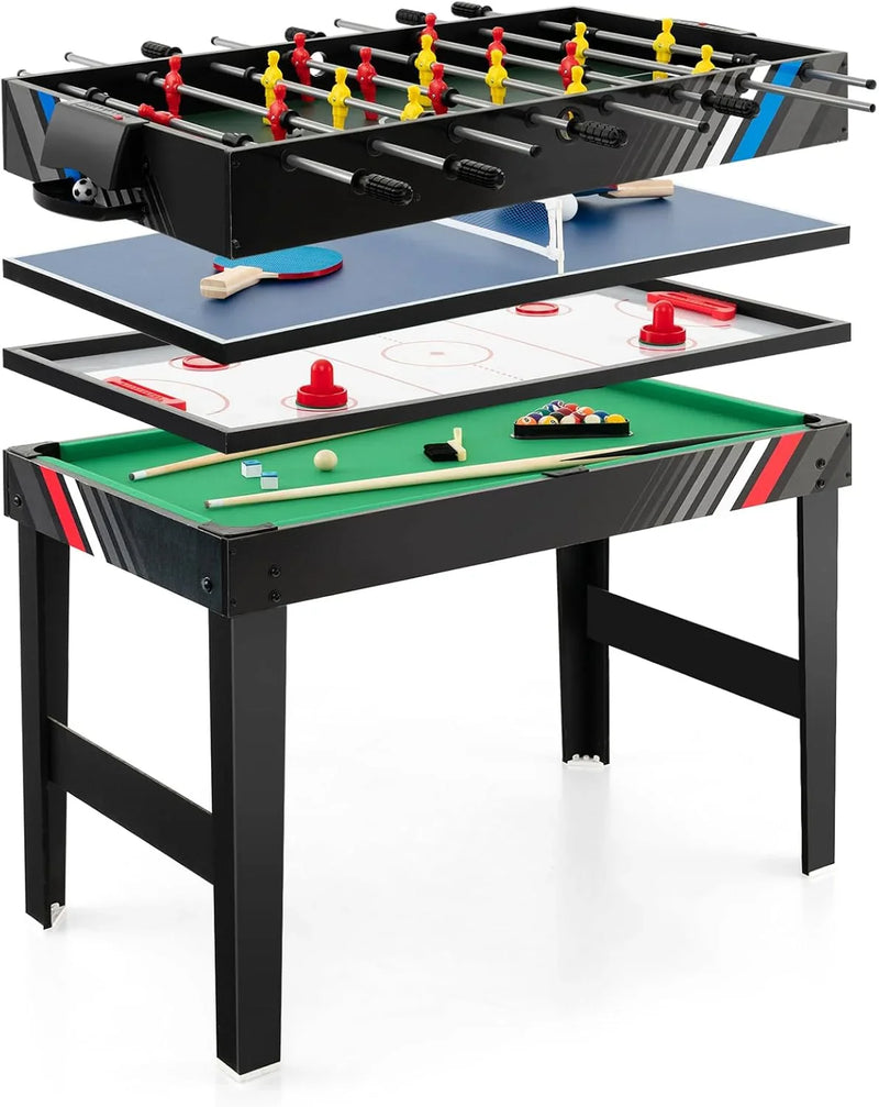 The multi-functional game table integrates a football table, a billiards table, an air curling table and a table tennis table. It is an ideal combination game table for a family game room. E4