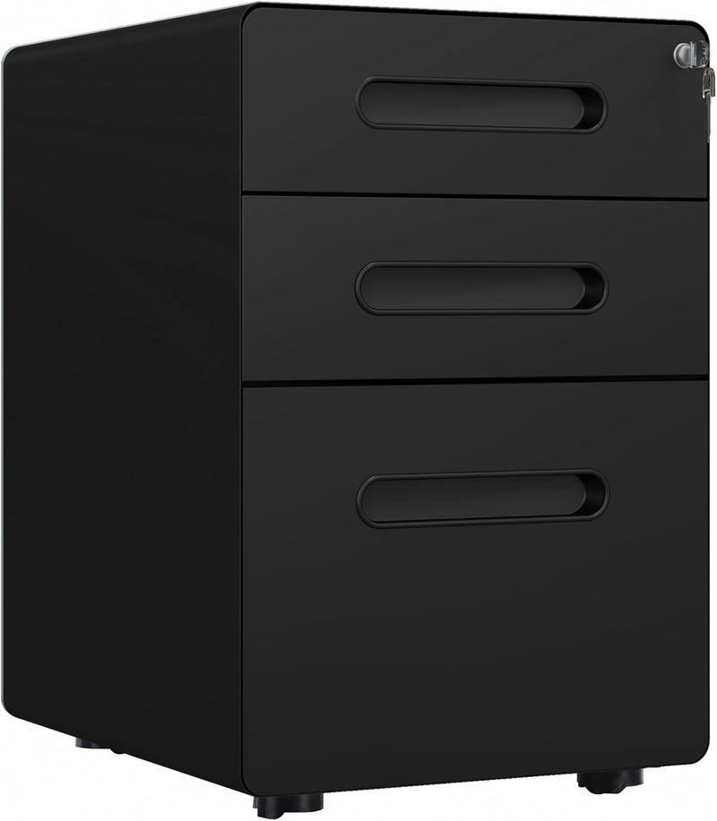 3 Drawer Vertical Filing Cabinet with Lock and Wheels, Under Desk Mobile File Cabinet for Legal, A4, Letter Size, Steel Frame for Home Office, Black D8