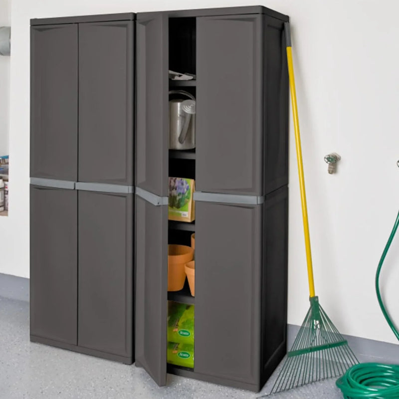 Storage Cabinet, Rugged Plastic Garage Organizer with Double Doors, 4 Adjustable Shelves, Gray H5