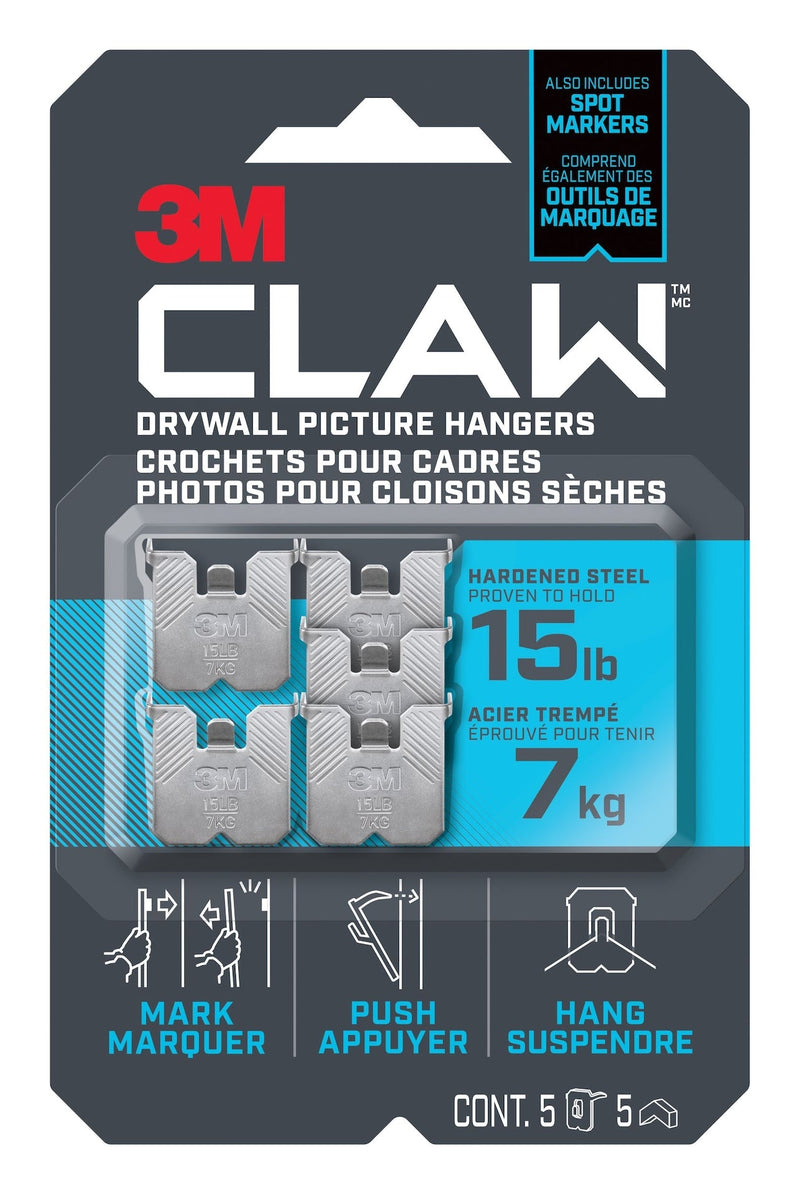 3M Claw DrywAll Picture Hanger, 15-lb Capacity, 5 Hangers per Pack B5