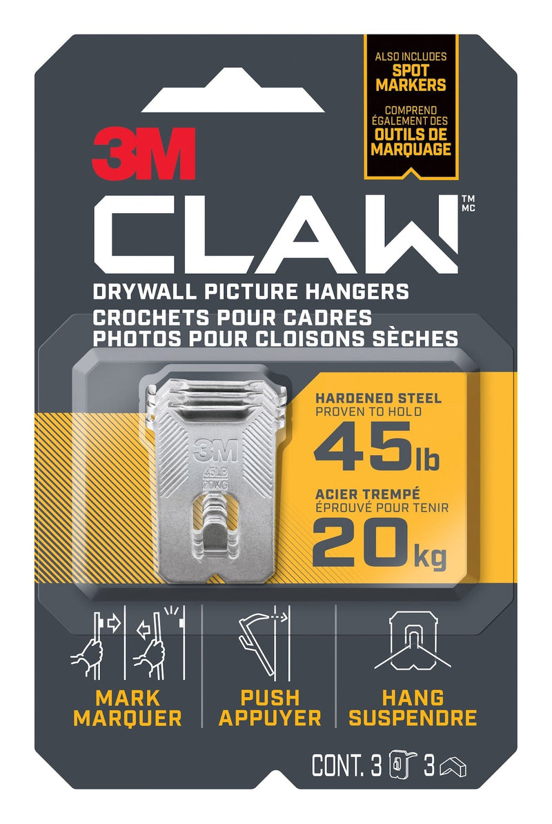 3M Claw DrywAll Picture Hanger, 45-lb Capacity, 3 Hangers per Pack G1