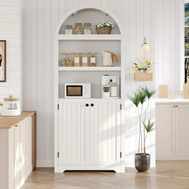 72'' Tall Farmhouse Bookcase, 5 Tier Arched Bookshelf with Double Doors & Adjustable Shelf, Display Storage Shelves, for Bedroom, Living Room, Home Office N7