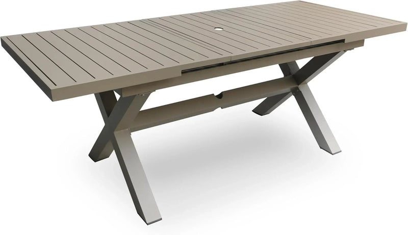 Extendable Patio Dining Table for 6-8, 63''-83'' Outdoor Aluminum Table w/Umbrella Hole, Rectangle Slatted Tabletop, Metal X-Trestle for Meals Garden Deck Backyard Gathering Party - Light Brown Q3