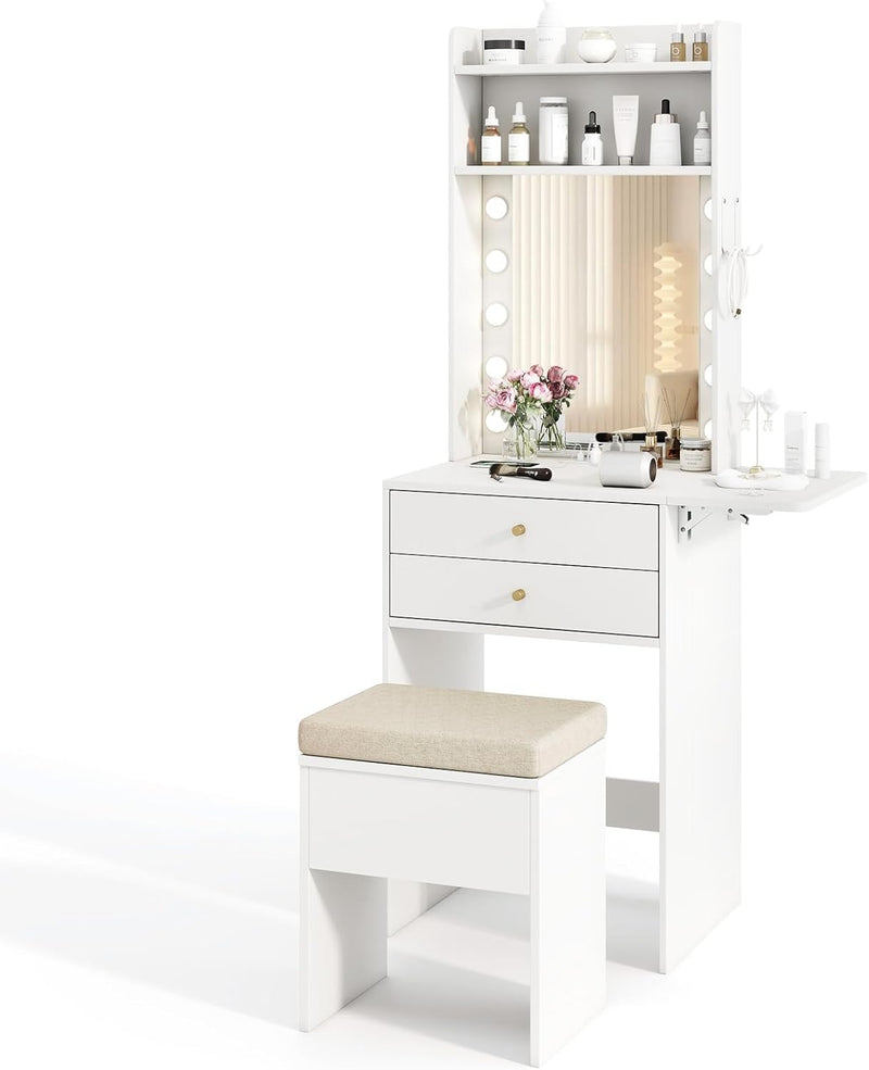Small Vanity Desk with Mirror and Lights, Makeup Vanity Table with Charging Station, Drawers, Shelves, Foldable Side Table, Compact Dressing Table with Storage Chair for Small Space (White) F4