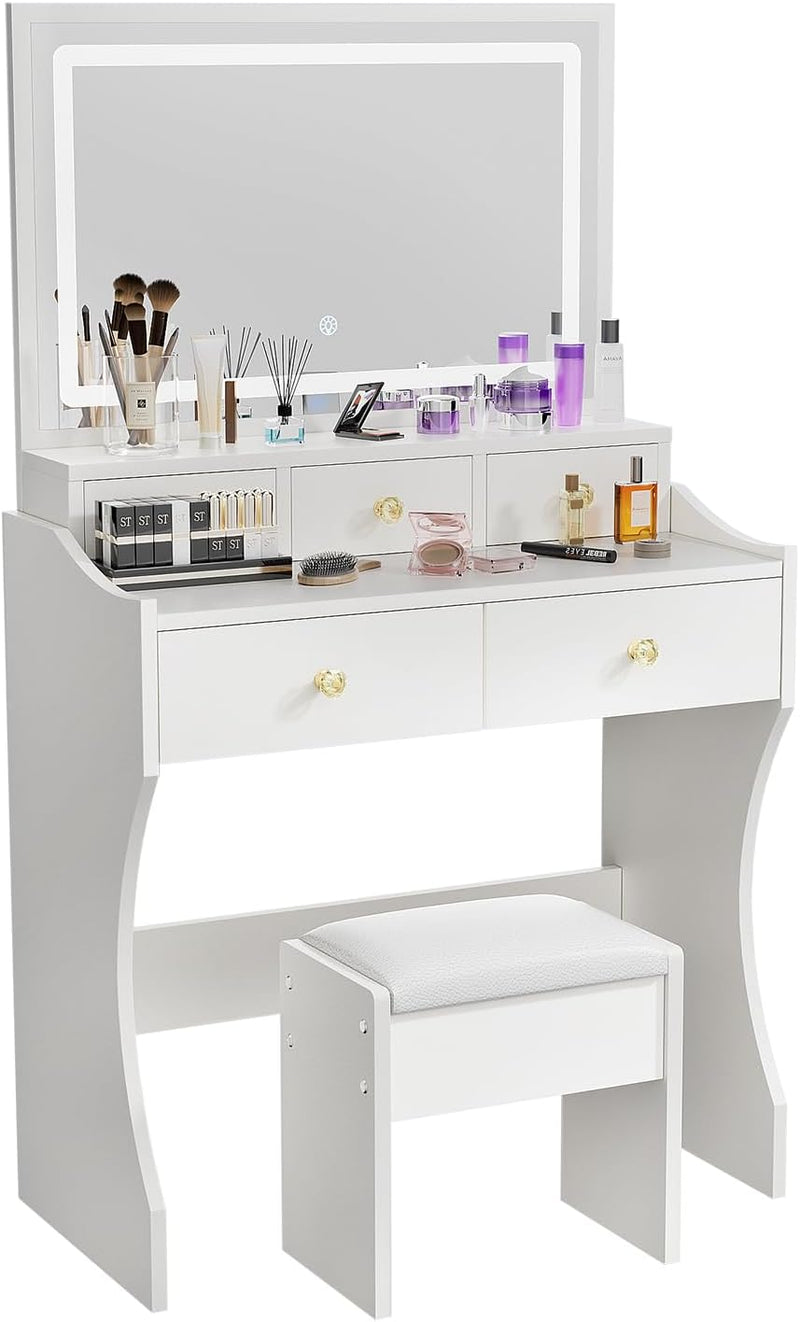 Makeup Table with Extra Large Mirror and Lights, 80cm Dressing Table with Stool W1