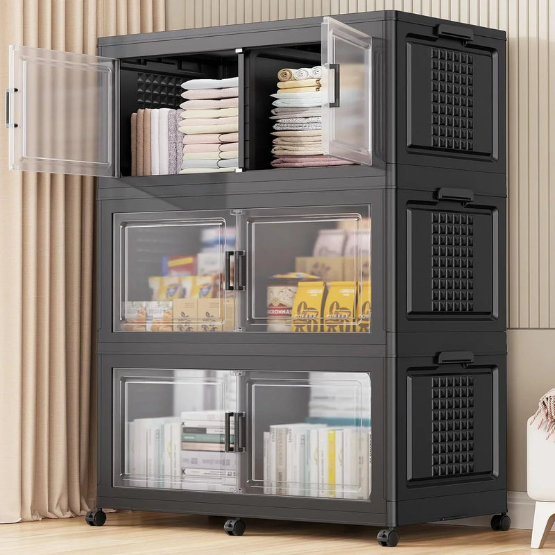 200Gal Extra Large Plastic Storage Bins with Lid & Wheels, Stackable Collapsible Bins with Dividers, Cube Closet Organizers and Storage Cabinet Shelves Box Roomy for Home Kitchen,4Pack White Y3