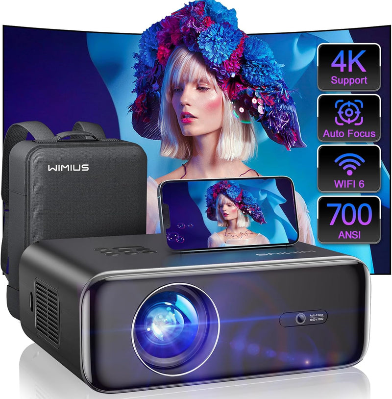 [Auto Focus/4K Support] Projector with WiFi 6 and Bluetooth 5.2, 700ANSI Native 1080P Outdoor Movie Projector, WiMiUS P62 Auto 6D Keystone & 50% Zoom, Smart Home Projector for iOS/Android/TV Stick T3