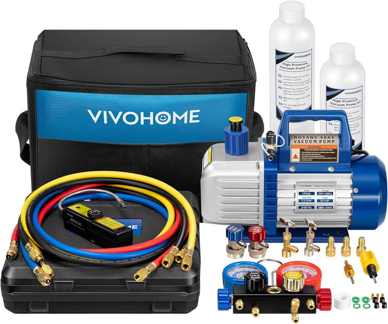 110V 1/4 HP 3.5CFM Single Stage Rotary Vane Air Vacuum Pump and AC Manifold Gauge Set Kit with Thermometer for R134a R12 R22 R502 R410a HVAC Air Conditioning Refrigeration Recharging Red K5