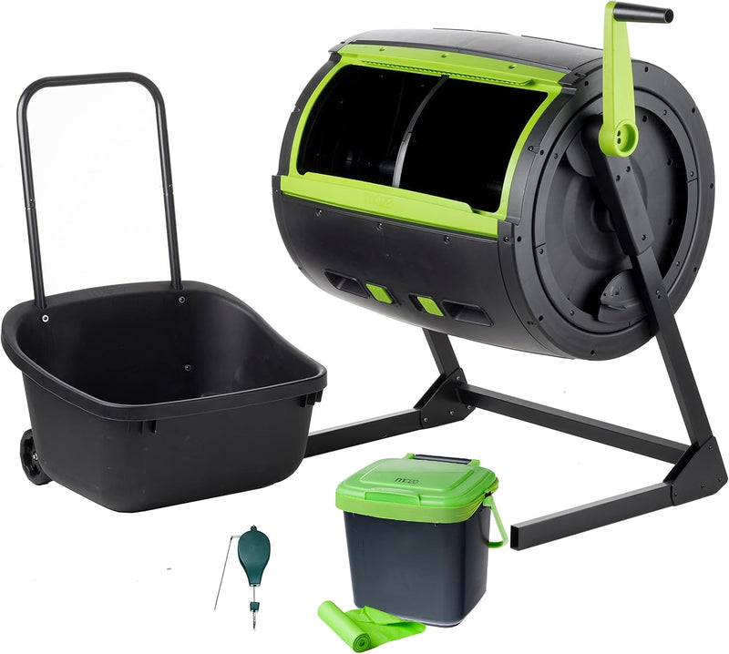 Two 65-gallon two-stage composting drums, equipped with large double doors and an open frame, are also provided along with a maze-style compost cart, a 1.85-gallon kitchen trolley-style compost bin, three rolls of corn bags, and a retractable plant t N3