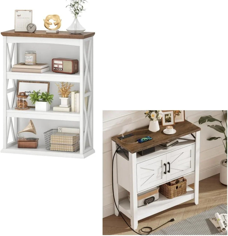 Farmhouse Sofa Table with Power Outlet-4-Tier Bookcase, 42.9" Floor Standing Organizer Shelf C1