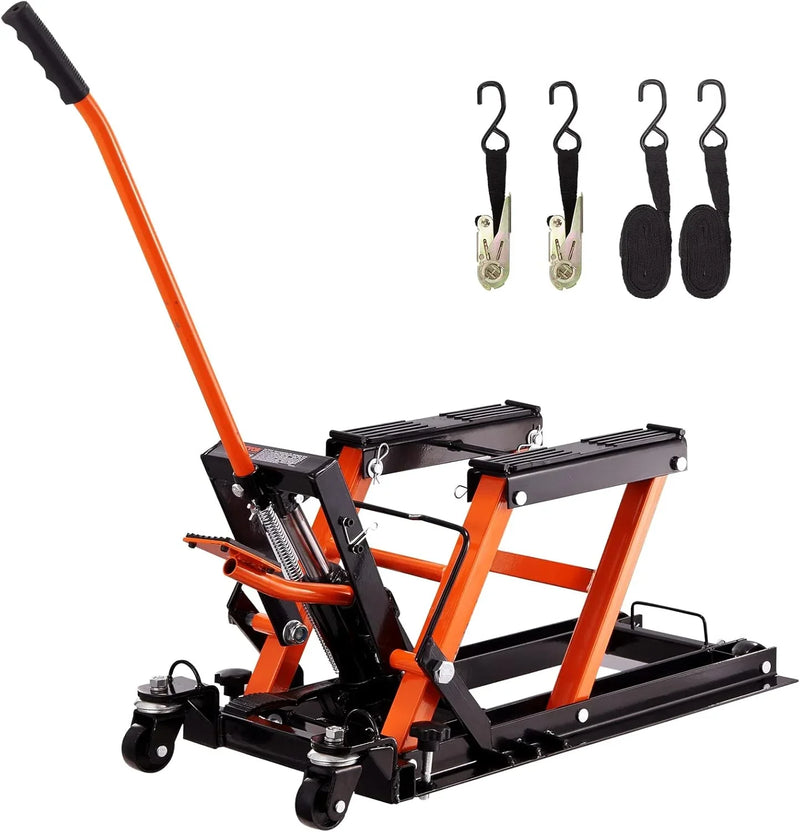 Hydraulic Motorcycle Lift Jack 1500 LBS Capacity ATV Scissor Lift Jack Portable Motorcycle Lift Table with 4 Wheels Hydraulic Foot-Operated Hoist Stand for Motorcycle ATV UTV Powersports Y3