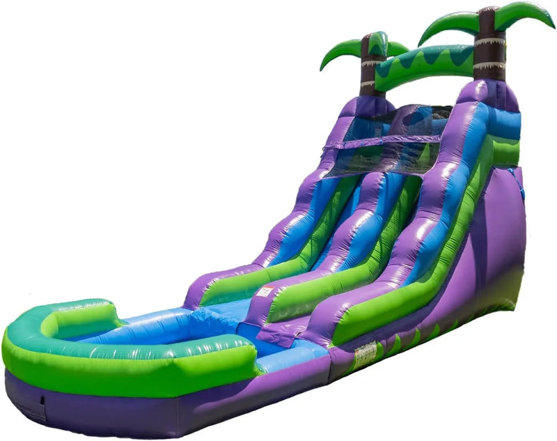 16’ Purple Tropical Lightweight Premium Commercial Grade Water Slide Inflatable with Attached Pool for Kids and Adults (with Blower), Wet Dry Use, Summer Fun V8