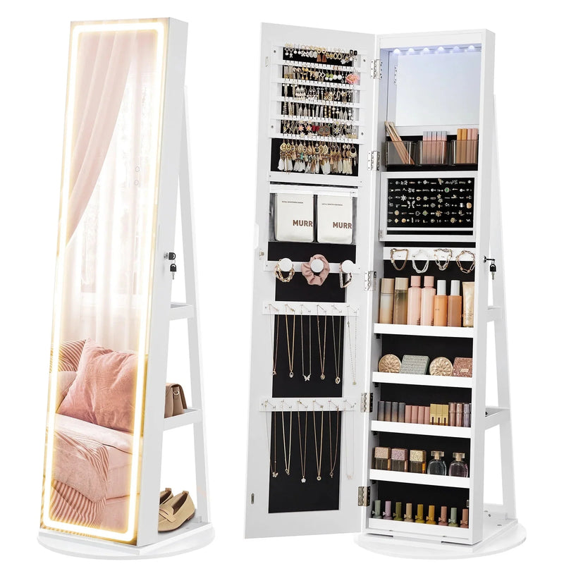 LED Mirror Jewelry Cabinet Standing Jewelry Armoire Organizer Box with Full-Length Mirror and Adjustable LED Lights White U6