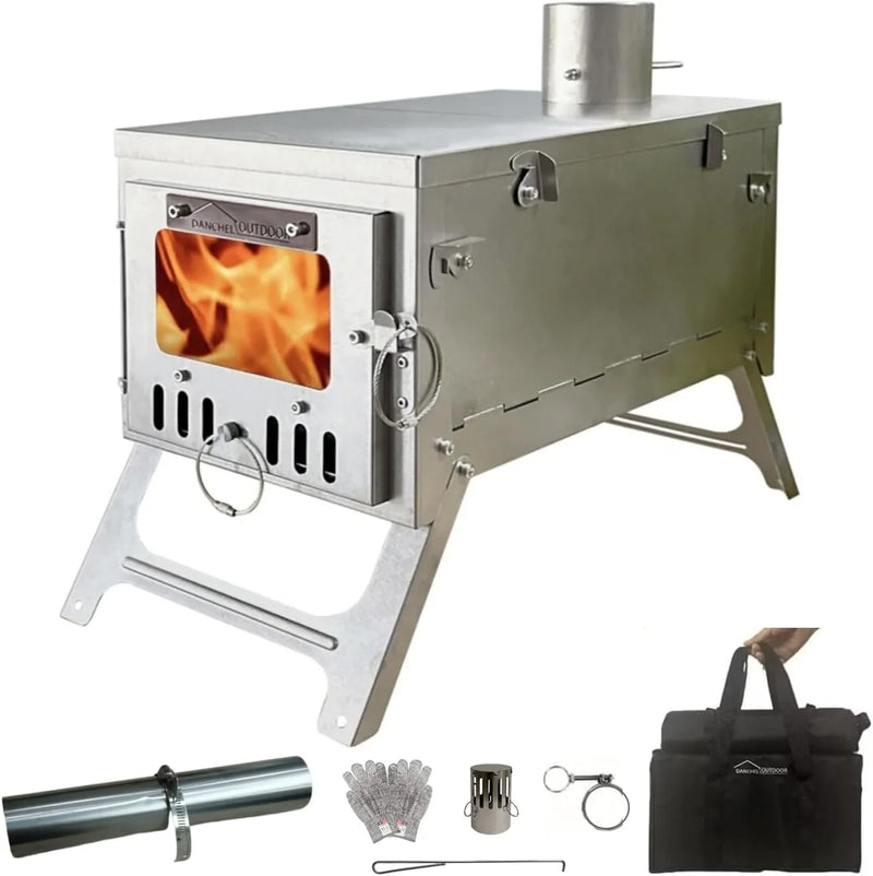 Titanium alloy tent wood stove for camping, 2 kilograms, foldable, lightweight and compact portable heat tent stove, comes with a 2.2-meter chimney, suitable for winter backpacking camping. F7