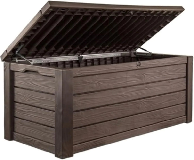 Outdoor storage deck box, 150-gallon resin deck storage box and bench, with wood-grain design, in brown color scheme R7