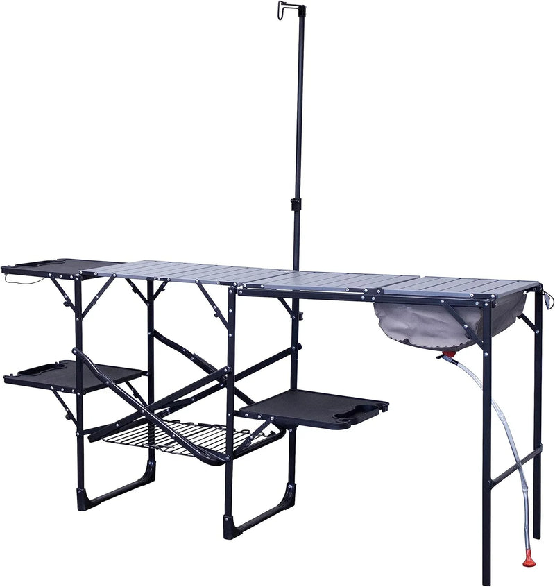 Outdoor chef station | Portable folding kitchen table, equipped with a soft-shell sink, heat-resistant tabletop and telescopic lamp pole, ideal for camping trips G6