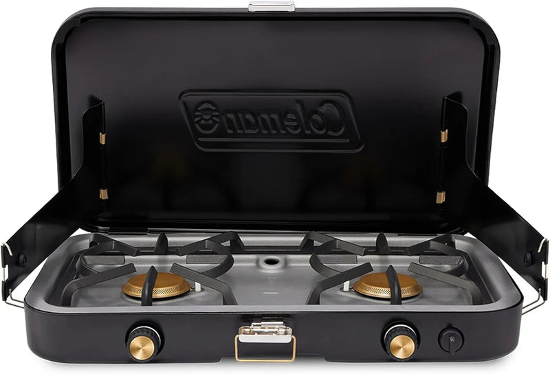 The 1900 series three-in-one propane camping stove, featuring a cast iron grill and frying pan accessories, has a power output of 24000 watts. It is equipped with an adjustable flame cover and excellent lighting device, and comes with two adjustable Y7