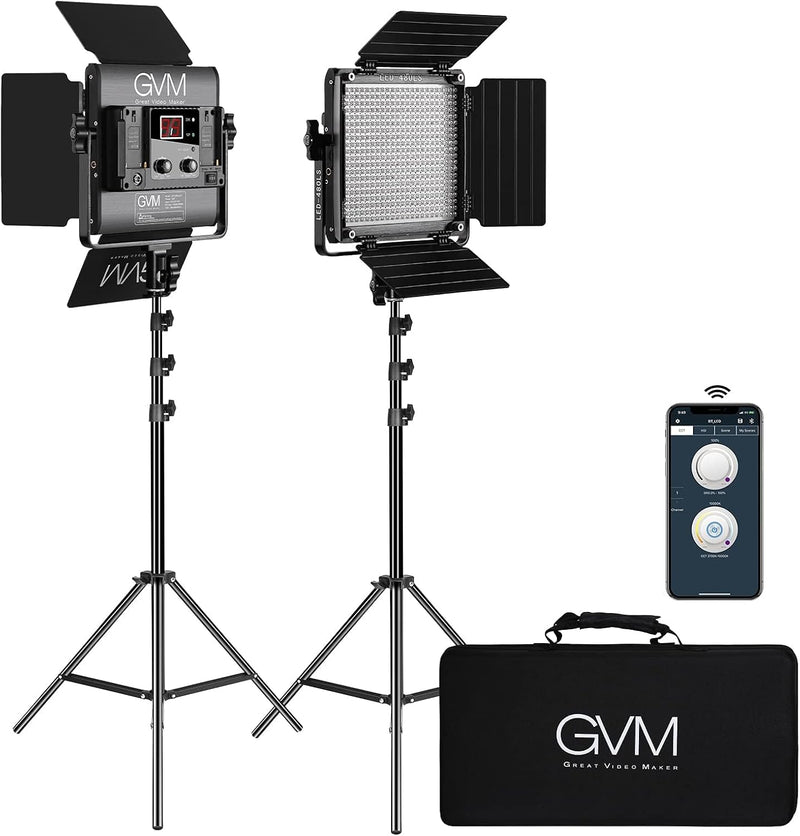 2 Pack LED Video Lighting Kits with APP Control, Bi-Color Variable 2300K~6800K with Digital Display Brightness of 10~100% for Video Photography, CRI97 TLCI97 Led Video Light Panel Barndoor A6