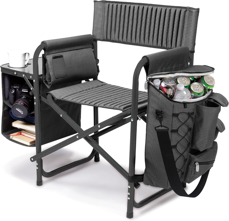 The "Picnic Time" brand's outdoor folding chairs with a unique design feature a grey base and a black frame. The dimensions are 33 x 7 x 21. Y9