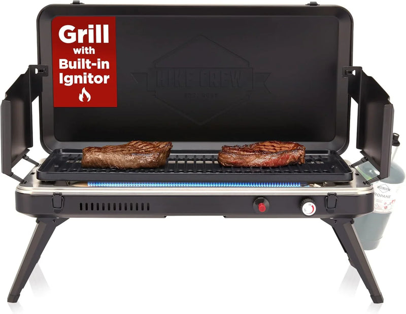 Gas camping barbecue grill | 13,000 watts | Portable liquefied gas burner | Foldable legs and feet | Integrated igniter and built-in regulator (with stainless steel drip tray) | Windproof panel and built-in handle L6