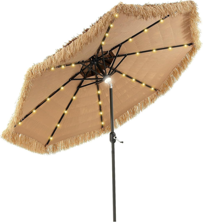 Mud-cloth style ti-ki courtyard shade umbrella - Two-layer Hawaiian lei-style inclined beach shade umbrella, equipped with 33 LED lights, 8 umbrella ribs and a rotatable lifting device, solar-powered lawn-type courtyard shade umbrella, tropical palm U5