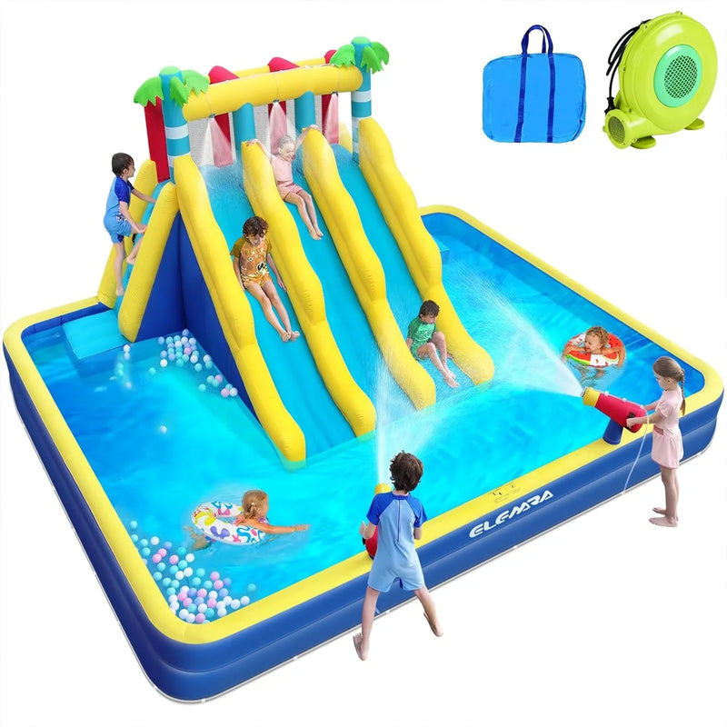 20.66x16.4FT Inflatable Water Slide for Big Kids, Water Park for Kids Backyard with Large Double-Layer Pool,3 Extra-Long Slides,Climbing Wall, 2 Water Cannons, Water Spraying, 750W Air Blower F9