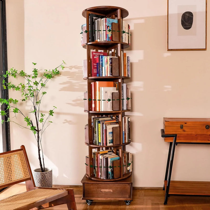 Solid wood rotating bookshelf, 360° display cabinet, with 1 drawer, rotating bookshelf tower with wheels, 72-inch high bookcase suitable for small spaces, rotating bookshelf for home office, walnut finish M3