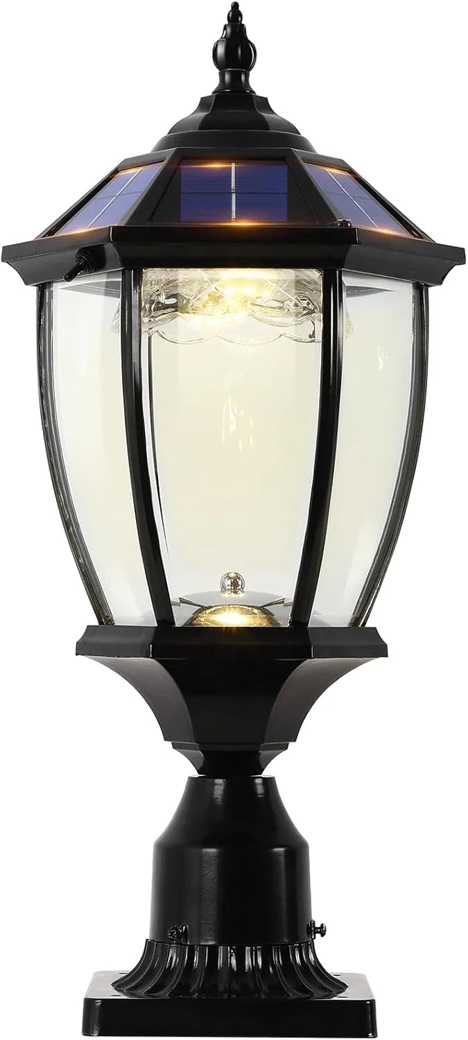 2-Heads Outdoor Solar Lamp Post Lights with Dusk to Dawn Sensor, Classic Exterior Solar Pole Lights with Waterproof, Black Street Lights with Clear Glass for Garden, Patio, Pathway, Driveway N3