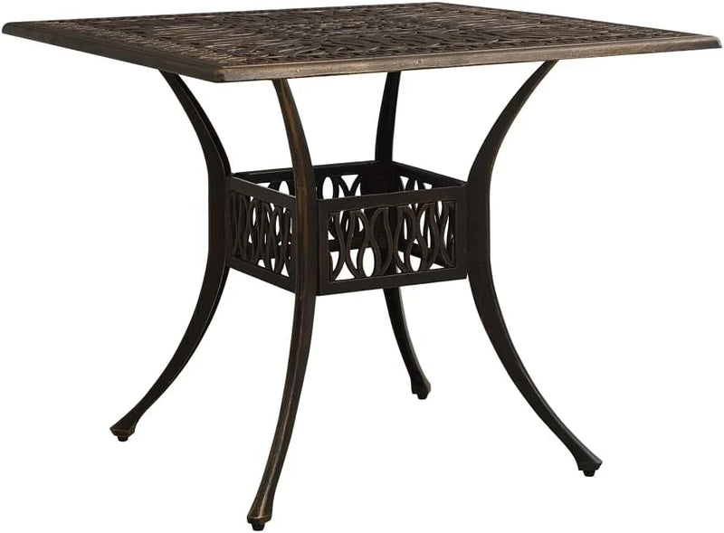 Bronze terrace table, made of cast aluminum, suitable for outdoor use, square design, stable and durable, with dimensions of 35.4 inches × 35.4 inches × 28.7 inches, equipped with umbrella holes, requires assembly. E8