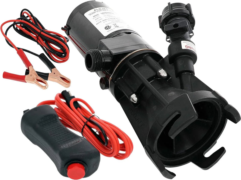 18555-000A - 12V DC waste pump, suitable for camper vans / motorhomes - Can empty a 40-gallon water tank in 5 minutes - Output flow rate 9 gallons per minute - 3/4 inch garden hose interface - Stainless steel grinder, self-priming, remote switch C6
