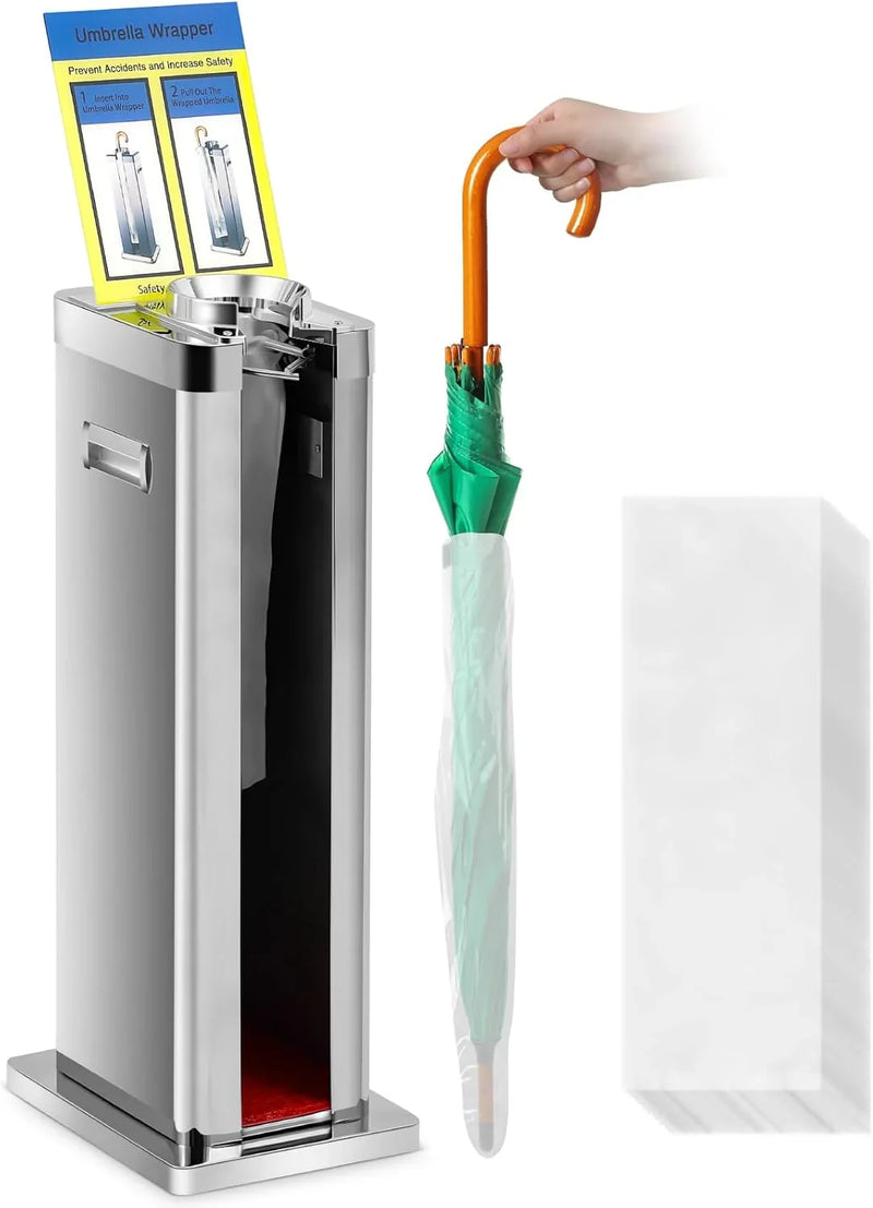 Automatic wet umbrella packaging machine, stainless steel single-slot umbrella bag distributor bracket, equipped with 1000 long umbrella bags and warning signs, suitable for commercial shopping centers, hotels, in silver color. U9