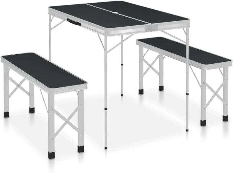 Folding Camping Table with 2 Benches Aluminium Grey,Item colourGrey and Silver L8