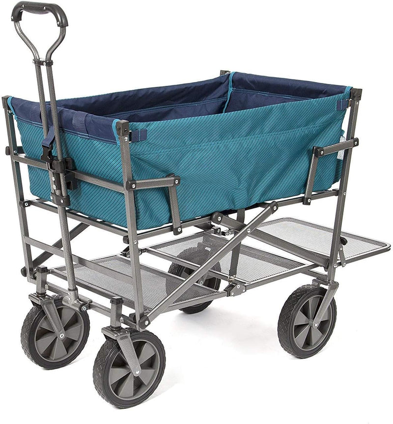 A foldable double-layer outdoor multi-functional truck, equipped with a long lower shelf, in blue-green color. W6