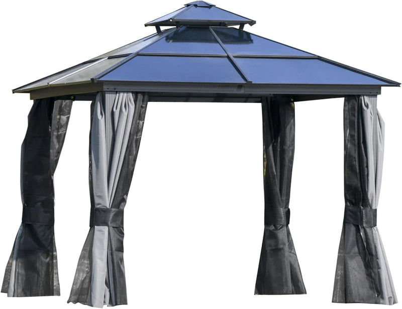 10 feet x 12 feet hard-top awning canopy, polycarbonate roof, aluminum frame, permanent outdoor awning, with net cover, suitable for patios, gardens, backyards, terraces, lawns, grasslands, light gray. N9
