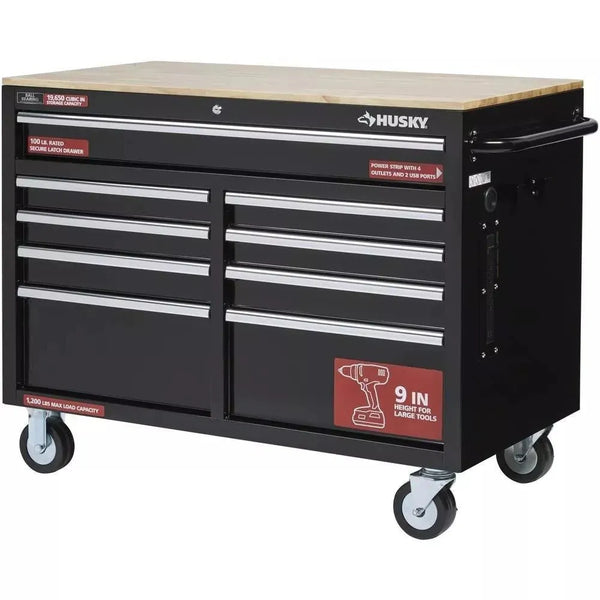 46 in. W x 24 in. D 9-Drawer Gloss Black Deep Tool Chest Mobile Workbench H6