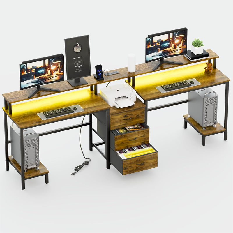 2 Person Desk with LED Lights & Charging Station – Long Desk for 2 with Storage Drawers, Monitor Riser, USB Ports & Outlets – Modern Study Table or Workstation for Home Office M3